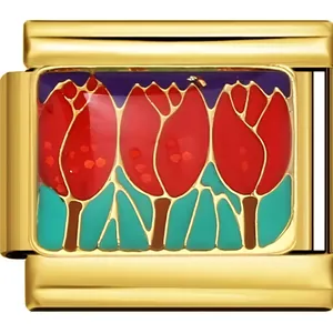 Close-up of gold modular bracelet charm link with red tulip enamel floral design