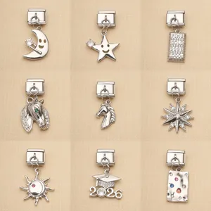 Detailed collection of 9 silver stainless steel Italian charms for modular bracelets