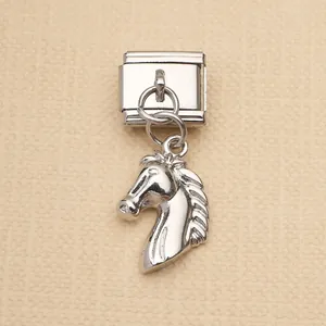 Close-up of silver stainless steel horse head charm for Italian modular bracelet