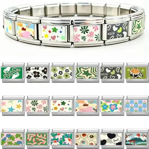 Pulsera de Eslabones Modulares Italianos de Acero Inoxidable para Mujer Hombre Estampado Fuji Estrella Floral DIY Pulsera Italian Charm Joyas