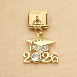 Close-up of a 2026 gold graduation cap charm for stainless steel Italian link bracelets