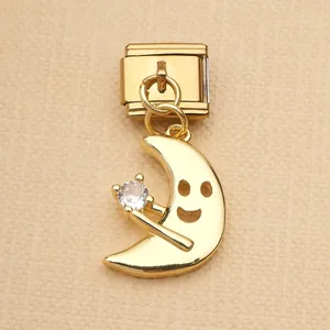 Gold stainless steel smiley moon charm with CZ wand for Italian bracelet