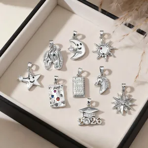 Geometric White Copper Pendants Rhinestone Inlaid DIY Necklace Charms Star Moon Graduation Cap Horse Head Pendant Only For Jewelry Making