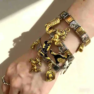 Stainless Steel Italian Modular Bracelet Gold Silver Contrast Western Cowboy Horse Hat Boot Charm Bracelet For Men Women