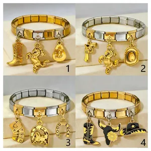Detail view of Italian modular stainless steel bracelets with western charms