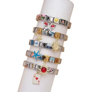 Bracelets modulaires italiens en acier inoxydable bicolore avec charmes variés