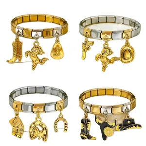 Western style Italian modular stainless steel charm bracelets with horse and cowboy hat