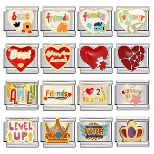 Stainless Steel Italian Modular Charm Link DIY Bracelet Jewelry Parts Enamel Heart Crown Pattern For Women Men