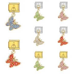 Italienisches Modulares Charm Link Edelstahl Schmetterling Anhänger Strass Eingelegt DIY Armband Zubehör Gold Silber