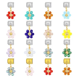 Stainless Steel Italian Charm Bracelet DIY Crystal Flower Pendant Rhinestone Link For Watch Band Strap Jewelry Accessory