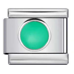 Detailed macro view of a silver stainless steel Italian charm link with vibrant green center