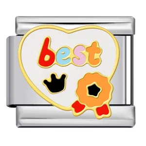 Close-up of heart-shaped Italian modular charm link with 'best' text and colorful icons