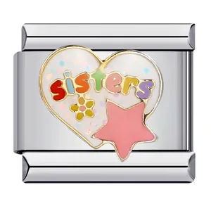 Close-up of stainless steel heart charm with sisters text for Italian modular bracelet