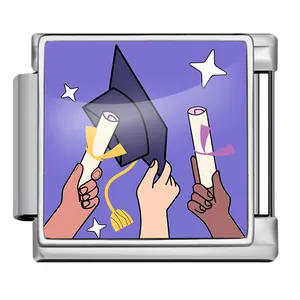 Close-up of graduation themed Italian modular link charm with diploma illustration