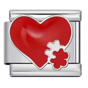 Red enamel heart with puzzle piece Italian charm modular link in polished stainless steel