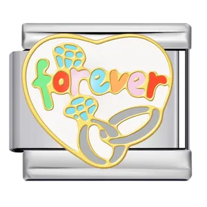 Heart-shaped gold-plated stainless steel Italian modular charm with forever enamel detail