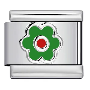 Stainless steel Italian charm link featuring a green flower with a red center detail