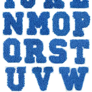 Detailed view of blue chenille alphabet patches with soft towel embroidery texture