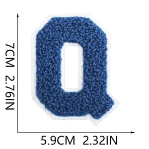 Royal blue chenille letter Q patch showing 7cm height and 5.9cm width dimensions