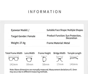 Tabla detallada de tallas y especificaciones para gafas de sol de moda sin montura para mujer