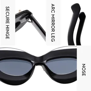 Detailed view of fashion black cat eye sunglasses featuring secure hinge and nose bridge
