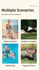 Toalla de playa de microfibra multiuso mostrada en escenarios como camping, natación y yoga.