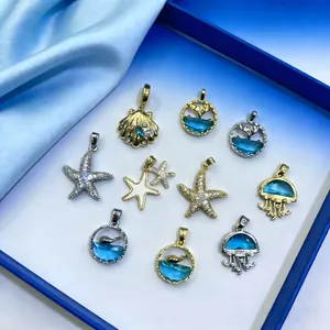 Mariene Serie Koperen Emaille Hanger Voor Sieraden Maken Zeester Schelp Walvisstaart Strass Blauwe Druppelolie Hanger Zonder Ketting