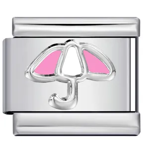 Charm modulare italiano in acciaio inossidabile con dettaglio ombrello smalto rosa.
