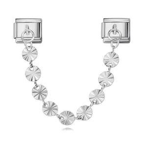 Stainless steel Italian charm link with sunburst pattern disk chain detail