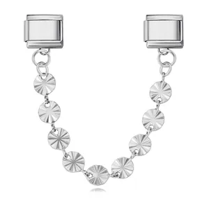Silver stainless steel Italian charm safety chain with starburst textured round pendants