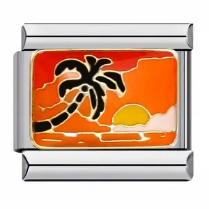 High-quality stainless steel Italian charm link with an enamel sunset palm tree motif