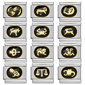 Stainless Steel Italian Charm Link Black Enamel Gold Plated Twelve Zodiac Signs DIY Bracelet Modular Jewelry Link Accessory