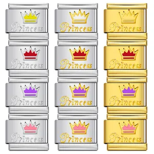 Detail view of colorful crown and Princess charms for Italian modular bracelets.