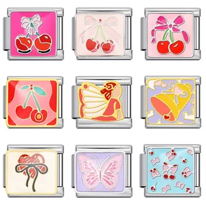 Breloques Modulaires Italiennes en Acier Inoxydable Émail Goutte Nœud Cerise Papillon Bijoux de Bracelet DIY pour Femme Cadeau