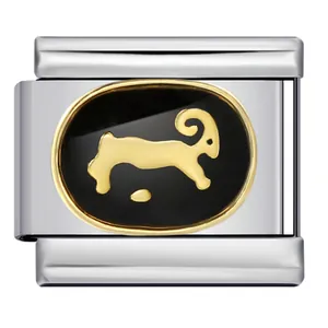 Detailed close-up of a stainless steel Italian charm link with gold Aries zodiac pattern