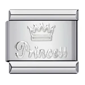Close-up of stainless steel Italian modular charm with crown and Princess engraving