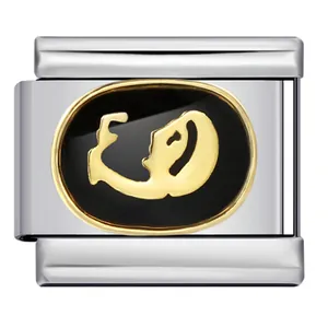 Macro view of a stainless steel modular charm with golden zodiac motif on black enamel