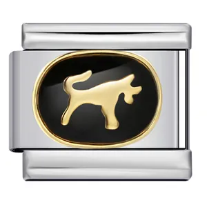 Close-up of stainless steel modular link with gold dog pattern and black enamel