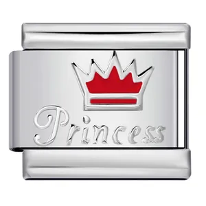 Detail view of a stainless steel modular charm link with a red crown and Princess text
