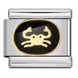 Close-up detail of a stainless steel Cancer zodiac charm with golden crab on black enamel
