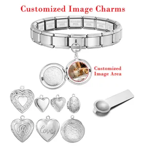 Detail of stainless steel Italian charm bracelet with customizable photo locket charms.