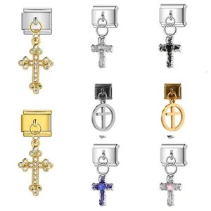 Italian Charm Bracelet Link Stainless Steel Cross Pendant Rhinestone Heart DIY Modular Bracelet Accessory For Women Men