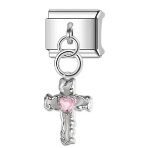 Italian modular bracelet charm with cross pendant and pink heart gemstone in silver steel