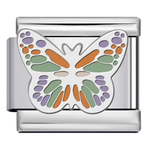 Abalorio modular italiano de acero inoxidable con diseño de mariposa colorida en esmalte para DIY