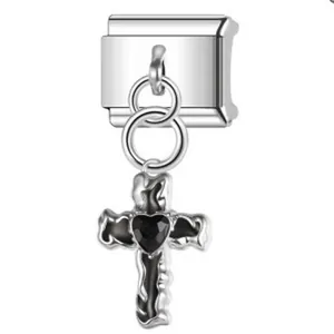 Close-up of stainless steel cross charm with black heart for Italian bracelet