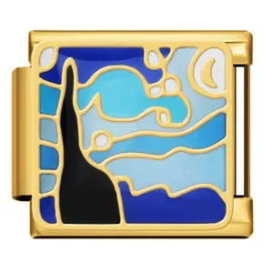 Close-up of Italian modular charm link with Starry Night scenery in gold finish
