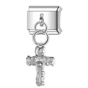 Detailed view of silver Italian charm link with a textured cross and heart stone