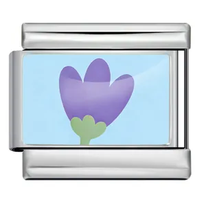 Close-up macro of Italian modular stainless steel charm with purple flower design