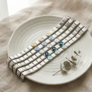 Pulsera de Charms Italiana de Acero Inoxidable Flor DIY Link Pulsera con Flores de Esmalte y Perlas Artificiales Joyería Mujer