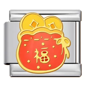 Chinese style red fortune bag charm for modular bracelet, stainless steel